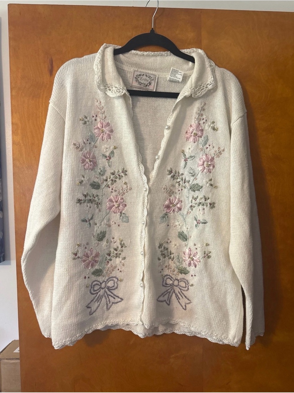 Vintage Erika Cream Cardigan with Pink Floral & Bow Embroidery